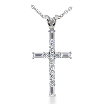 Straight Baguette Round Diamond Cross Pendant (Total Diamond Weight 0.39ct, Quality GH-VS)